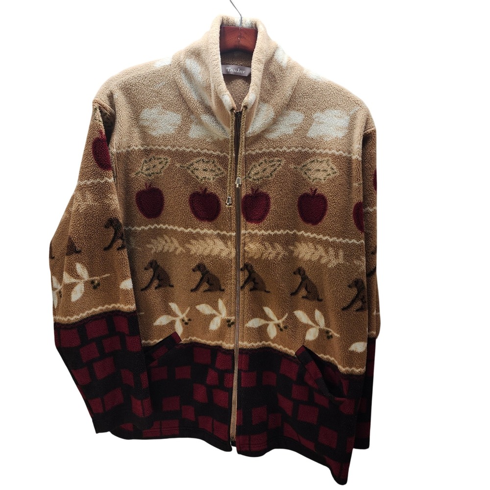 TanJay Vintage Cottage Core Fleece Jacket 1X Tan Burgundy Apple Dog Novelty Zip